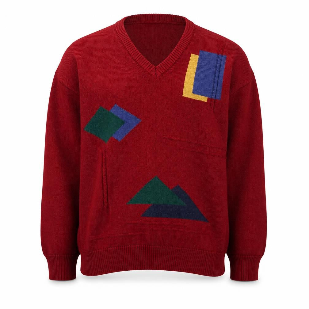 Crocket & Jones Men's Red Wool Blend Geometric V-Neck Jumper L