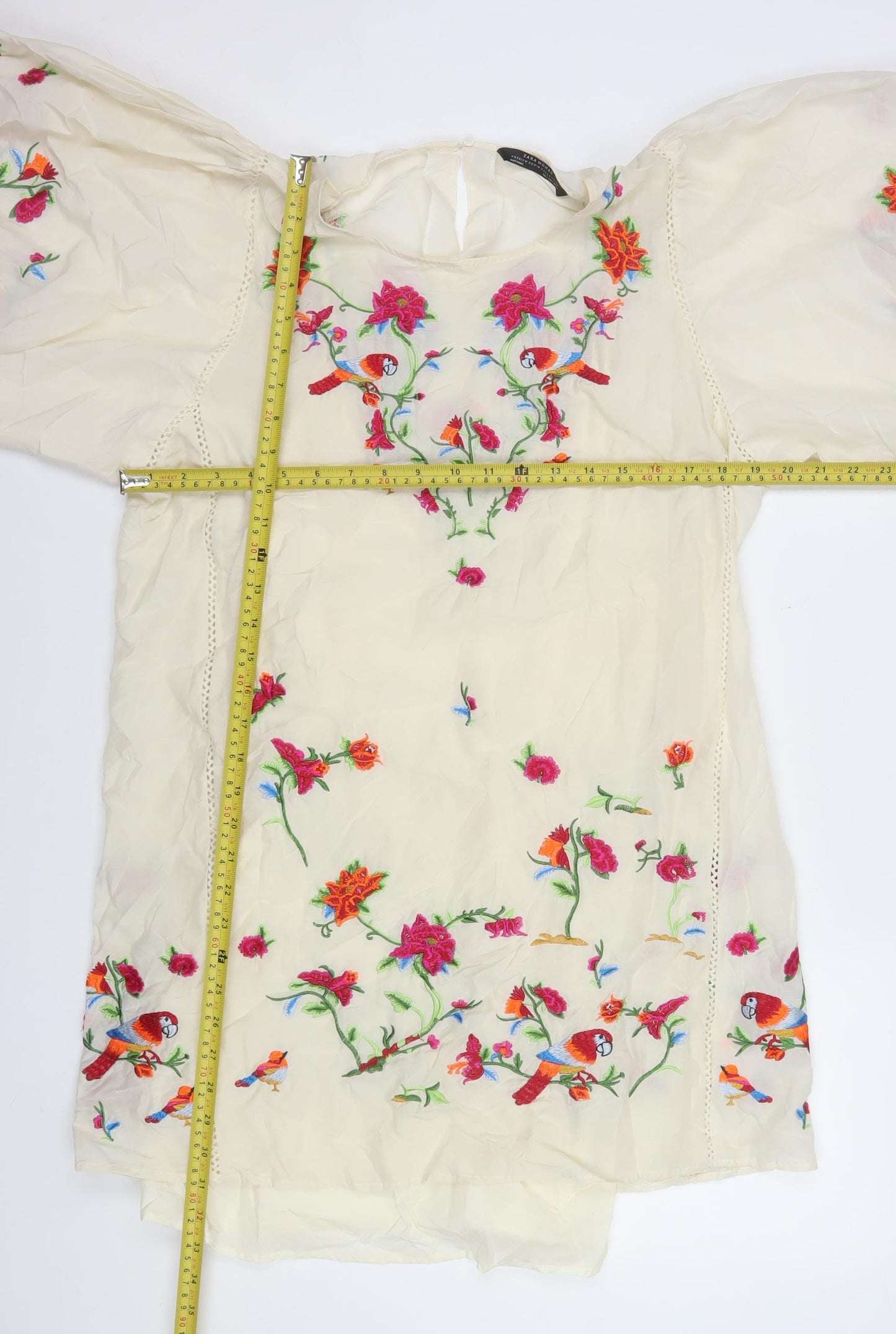 Zara Women Ivory Embroidered Floral Shift Dress Size 8