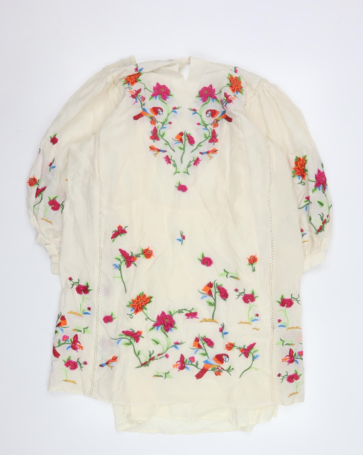 Zara Women Ivory Embroidered Floral Shift Dress Size 8