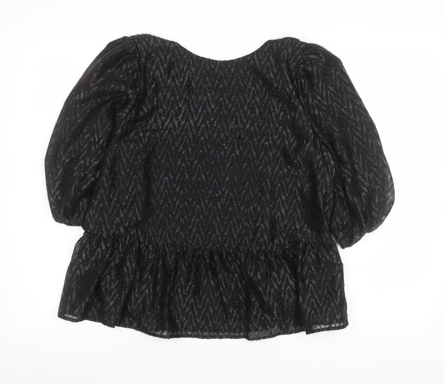 Dunnes Stores Womens Black Glitter Peplum Blouse Size 12 3/4 Sleeve