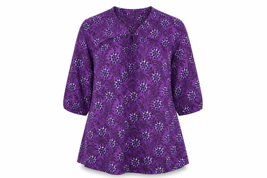 Zhenzi Women's Purple Floral Tunic Blouse M 3/4 Sleeve V-Neck