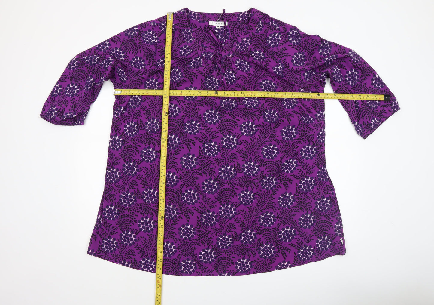 Zhenzi Women's Purple Floral Tunic Blouse M 3/4 Sleeve V-Neck