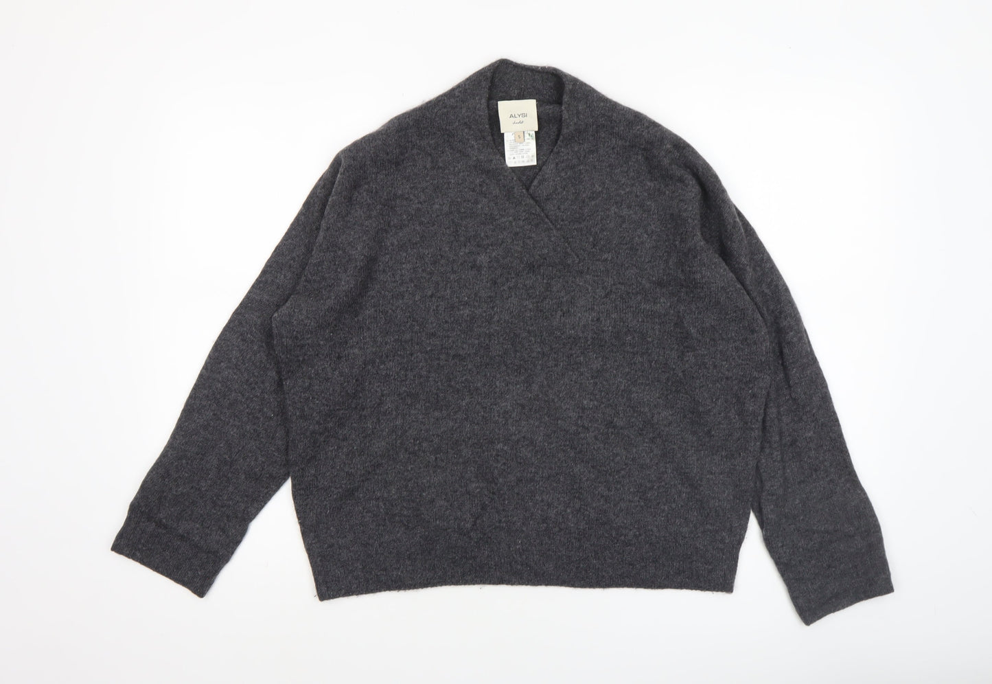 ALYSI Women Grey Small V-Neck Wool Cashmere Pullover Jumper