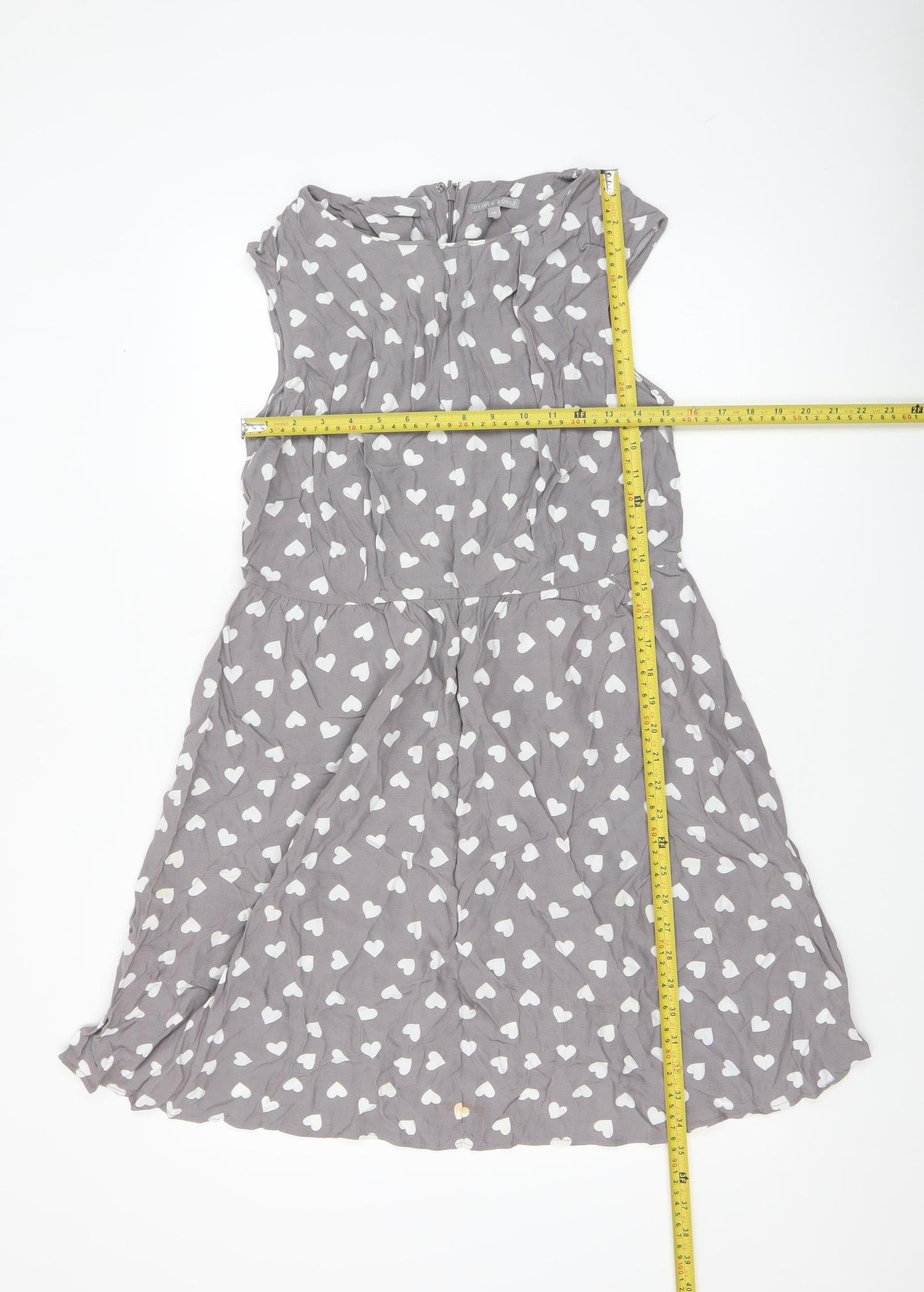 Oliver Bonas Women’s Grey Heart A-Line Dress Size 14 Sleeveless Viscose