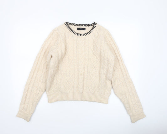 MNG Women’s Ivory Cable-Knit Wool Blend Crew Neck Jumper Size M