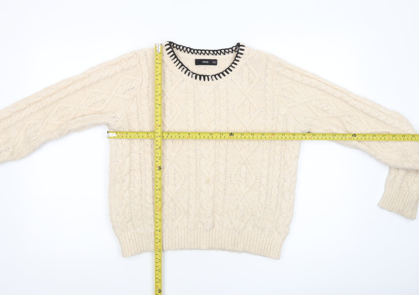 MNG Women’s Ivory Cable-Knit Wool Blend Crew Neck Jumper Size M