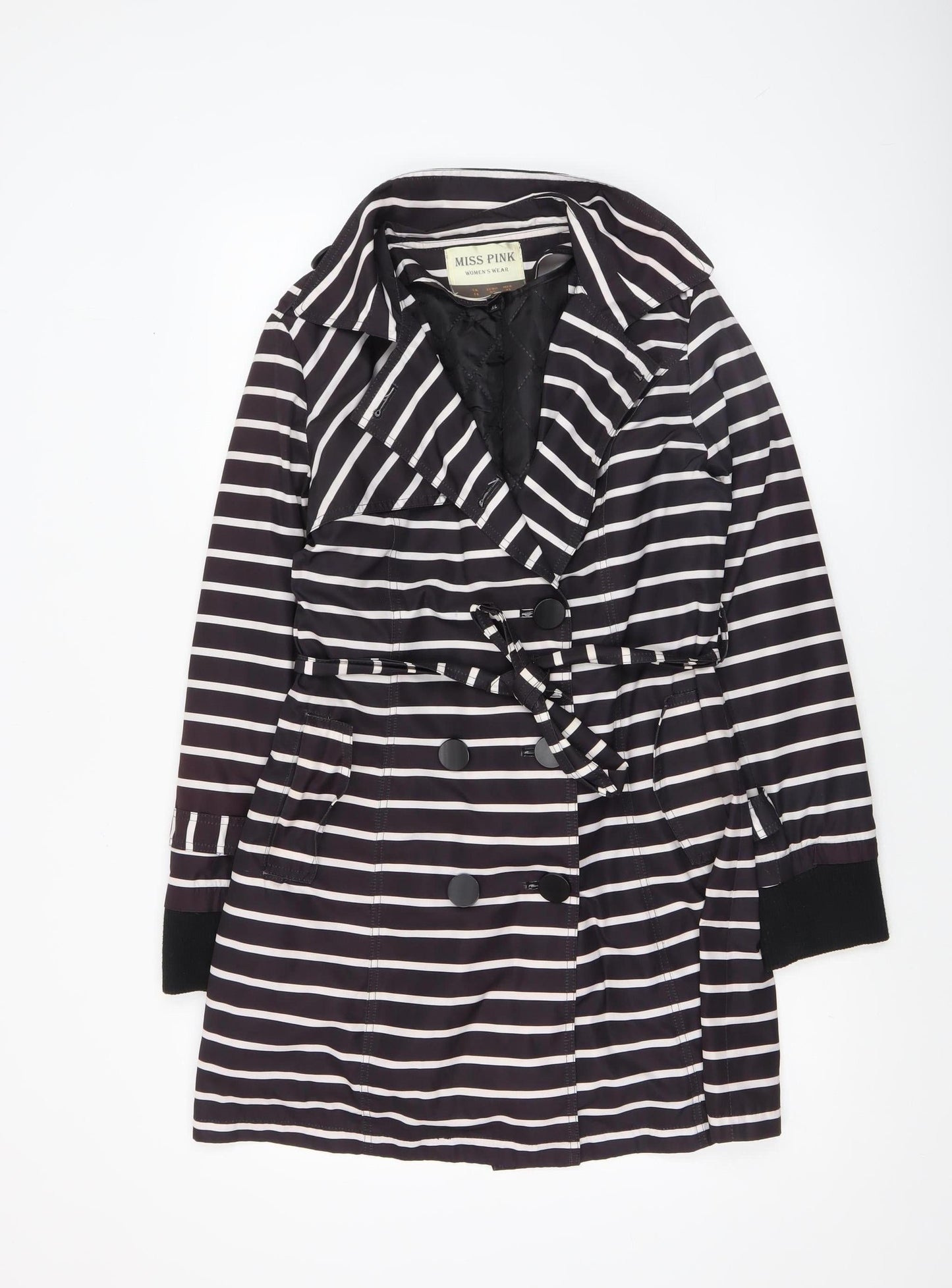 Miss Pink Women's Black Striped Trench Coat UK 16 Belted Mid-Length