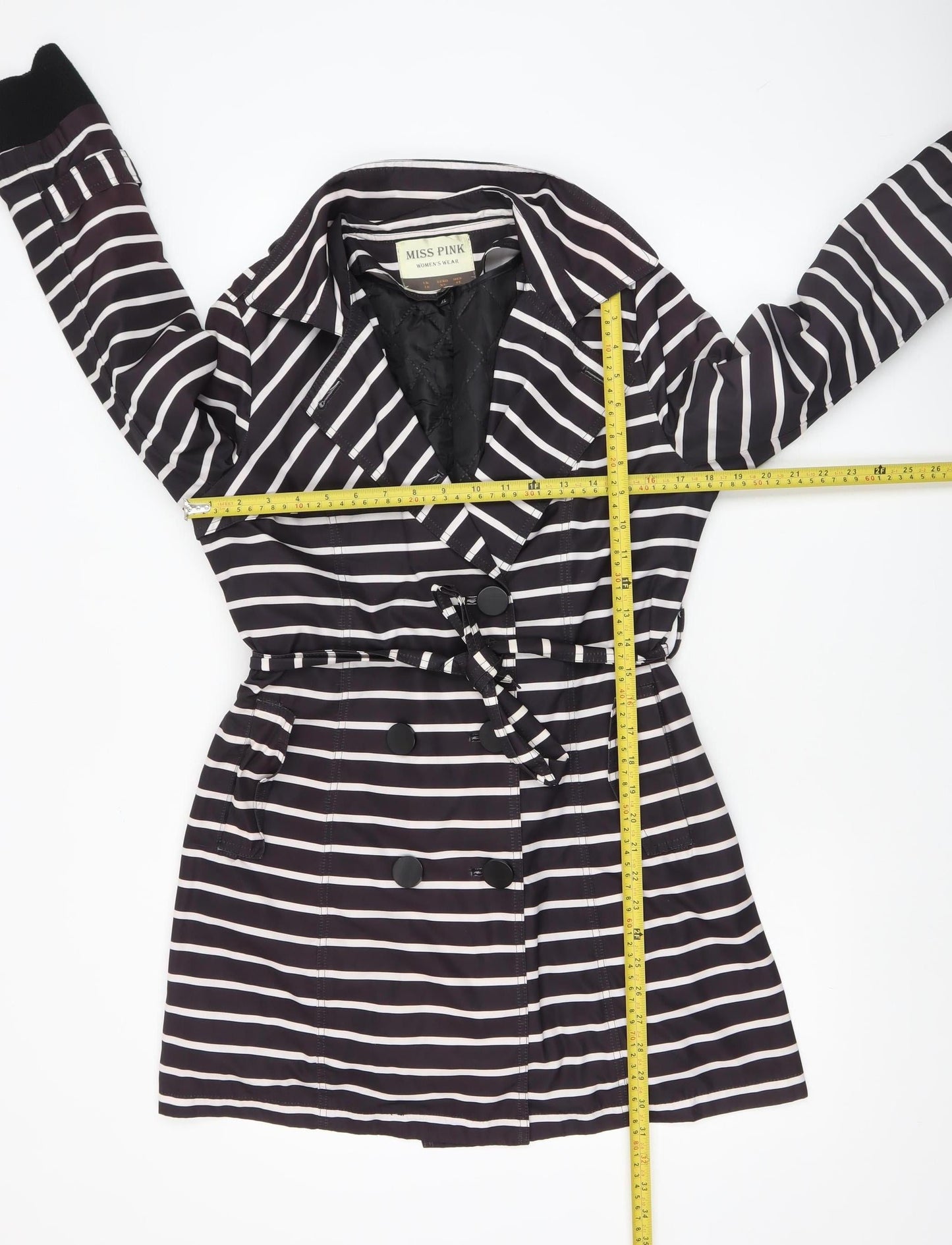 Miss Pink Women's Black Striped Trench Coat UK 16 Belted Mid-Length