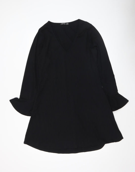 Boohoo Women Black Size 14 V-Neck Long Sleeve Shift Dress