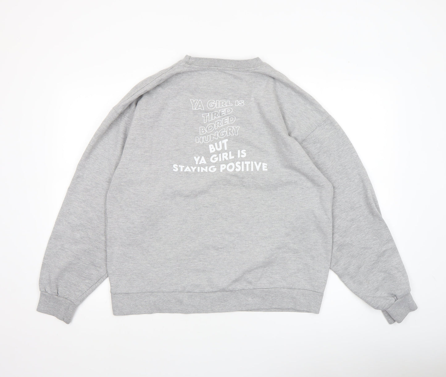 Boohoo Women Grey XL Pullover Sweatshirt Graphic Print Crew Neck