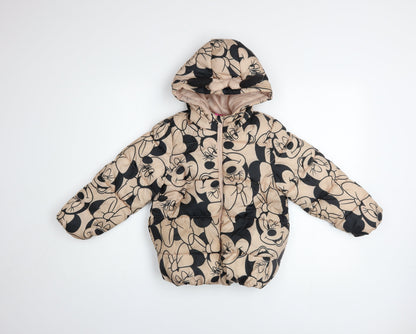 Front view of Disney girls’ beige minnie mouse hooded puffer jacket, size 7, years