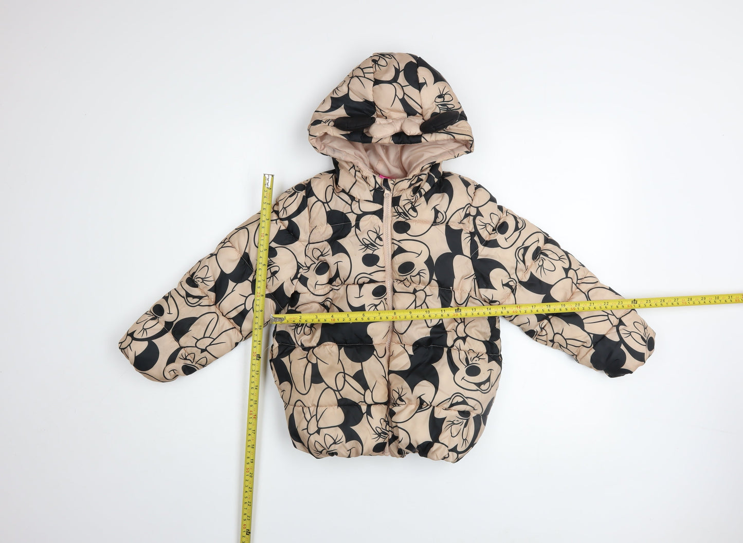 Disney Girls Beige Minnie Mouse Hooded Puffer Jacket Size 7 Years
