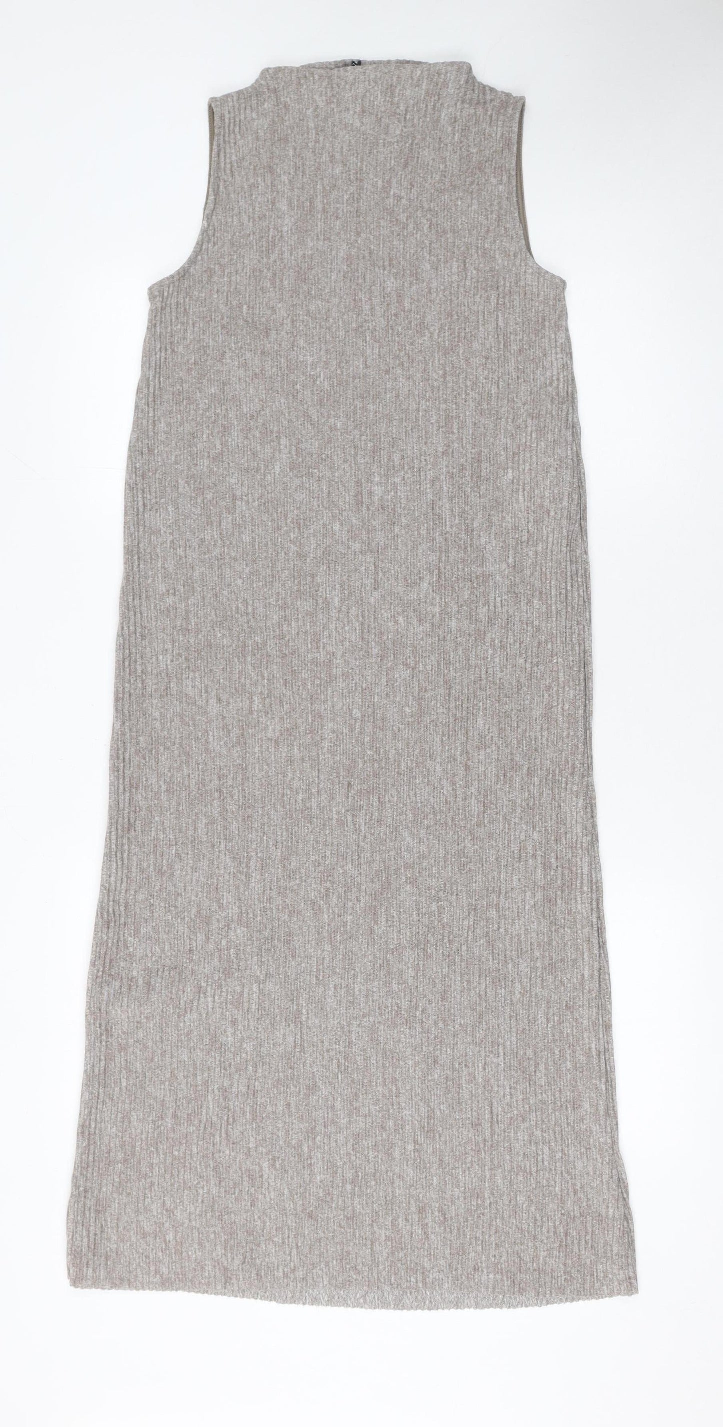 Zara Women Beige Sleeveless High Neck Knit Midi Tank Dress S