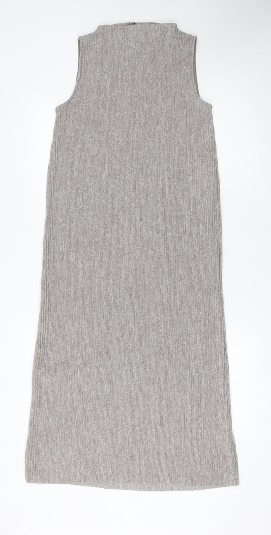 Zara Women Beige Sleeveless High Neck Knit Midi Tank Dress S