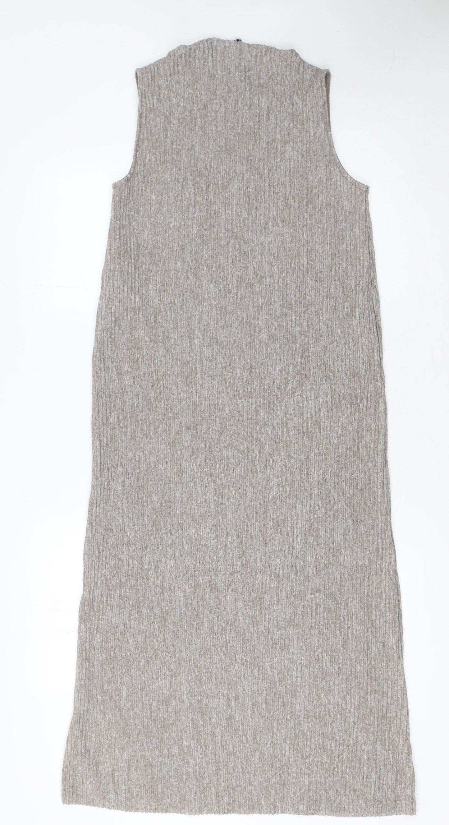 Zara Women Beige Sleeveless High Neck Knit Midi Tank Dress S