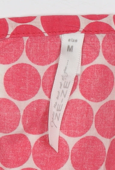 ZE-ZE Women's Pink Polka Dot Cotton Tunic Blouse M Short Sleeve