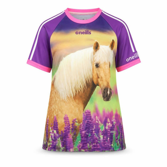 Front view of O'Neill Women's Purple Horse Print Koolite Polyester T-Shirt, size 14