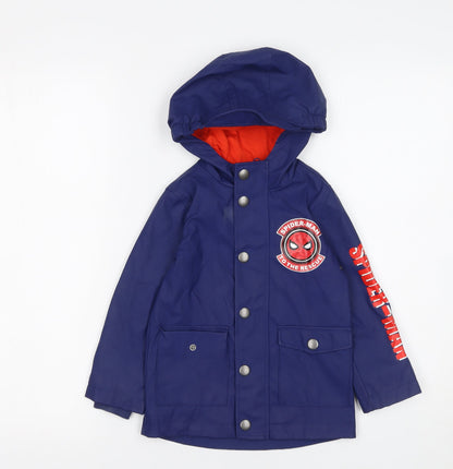 Front view of Marvel boys’ blue spider-man hooded waterproof rain coat jacket 2-3 years