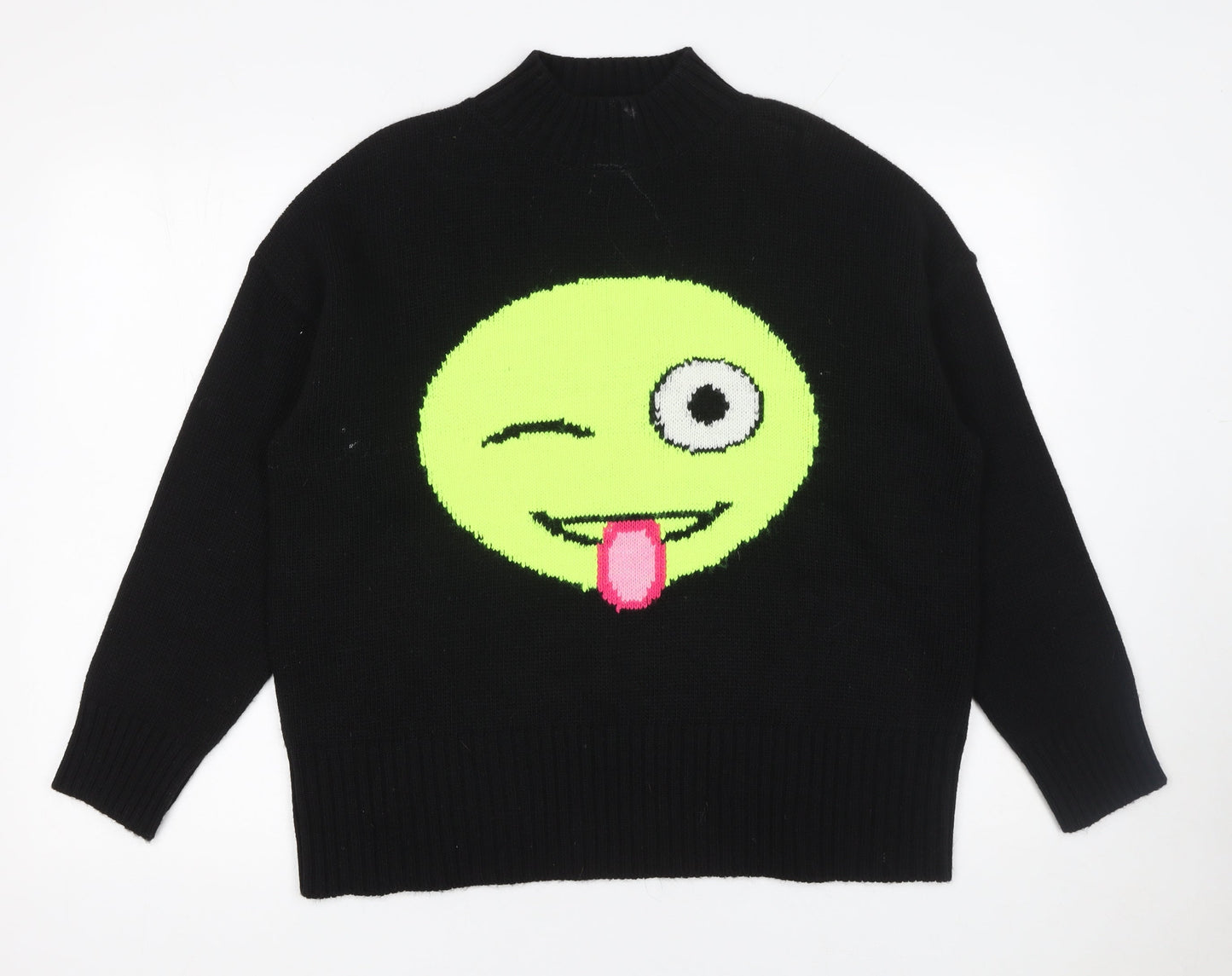KAOS Jeans Womens Black Mock Neck Funny Face Pullover Jumper Size S