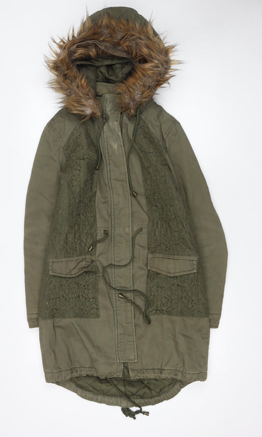 Love Label Women’s Green Hooded Parka Coat Size 8 Faux Fur Trim Lined Cotton Blend