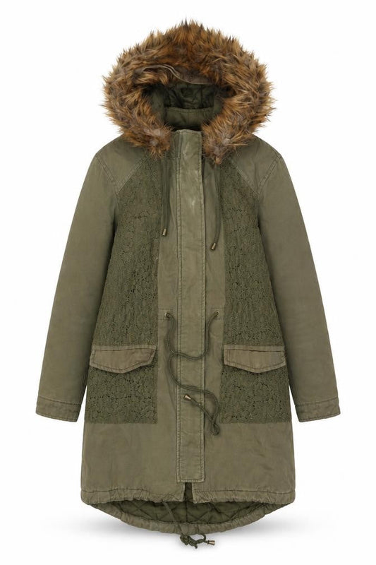 Love Label Women’s Green Hooded Parka Coat Size 8 Faux Fur Trim Lined Cotton Blend