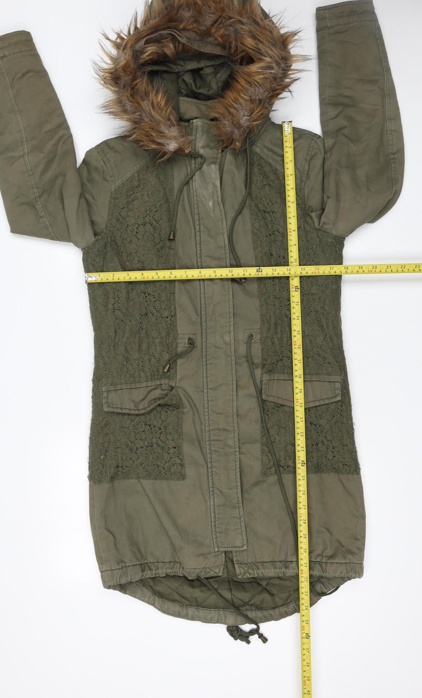 Love Label Women’s Green Hooded Parka Coat Size 8 Faux Fur Trim Lined Cotton Blend