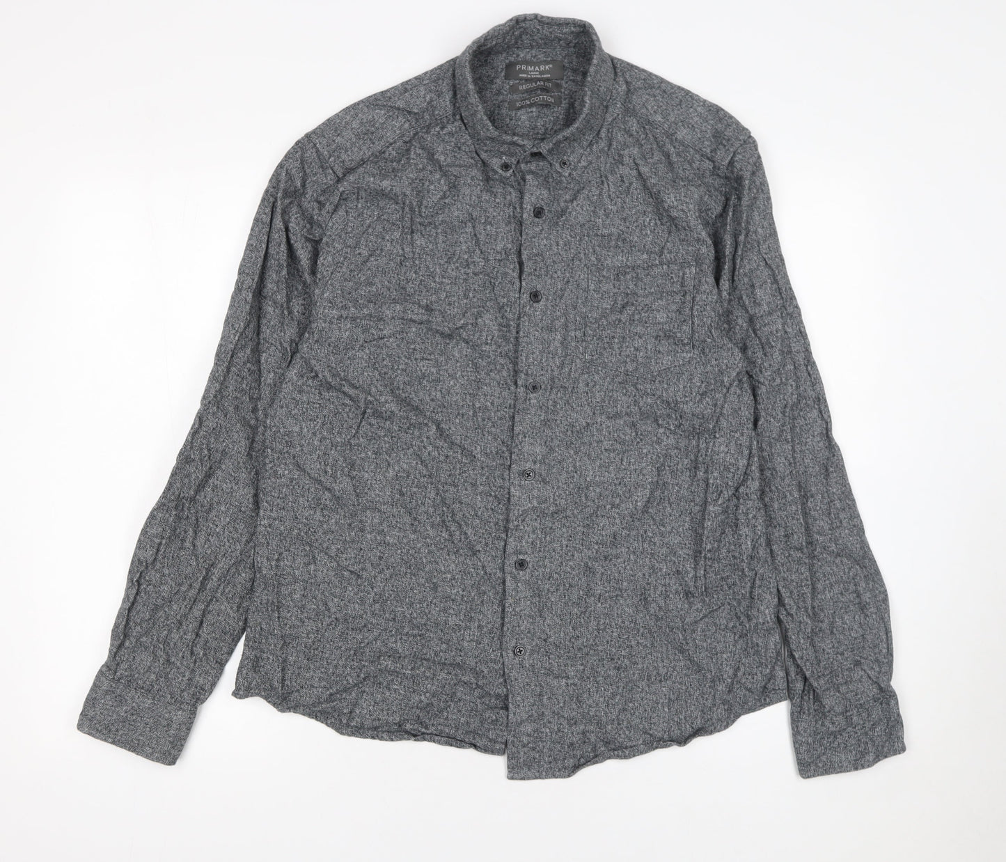 Primark Men's Grey Regular Fit Cotton Long Sleeve Button-Up Shirt Size L
