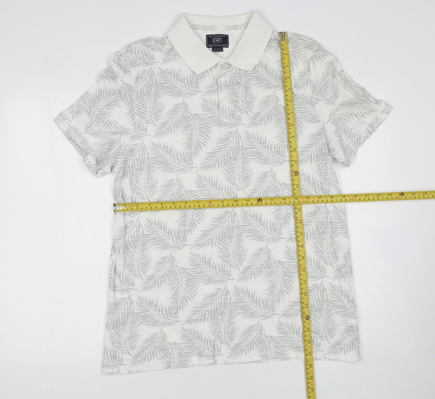 F&F Men's White Leaf Print Cotton Polo Shirt Size L Short Sleeve