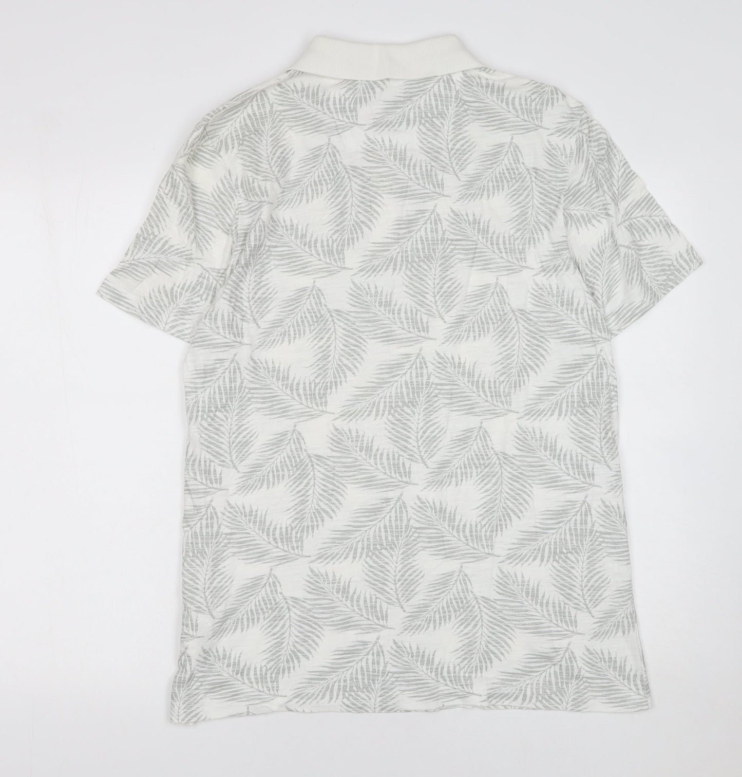 F&F Men's White Leaf Print Cotton Polo Shirt Size L Short Sleeve