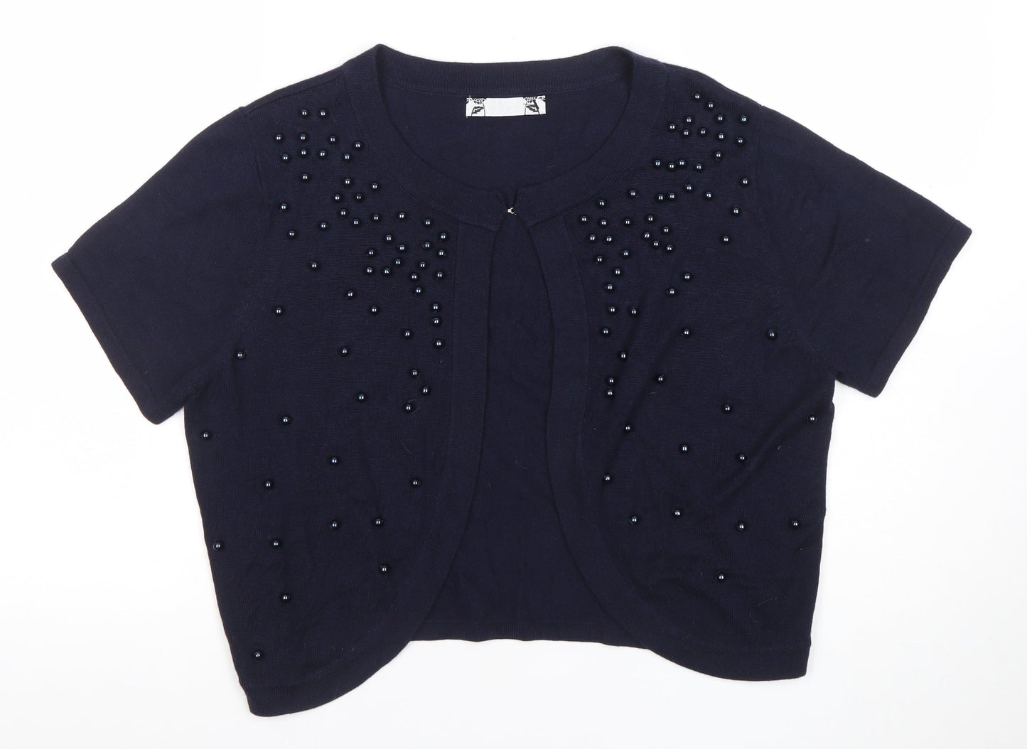 Joanna Hope Womens Blue Beaded Short Sleeve Knit Cardigan Size 14