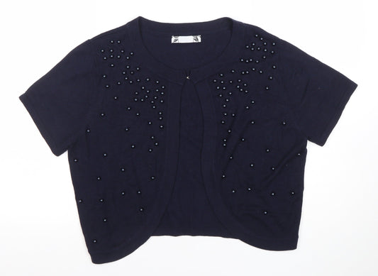 Joanna Hope Womens Blue Beaded Short Sleeve Knit Cardigan Size 14