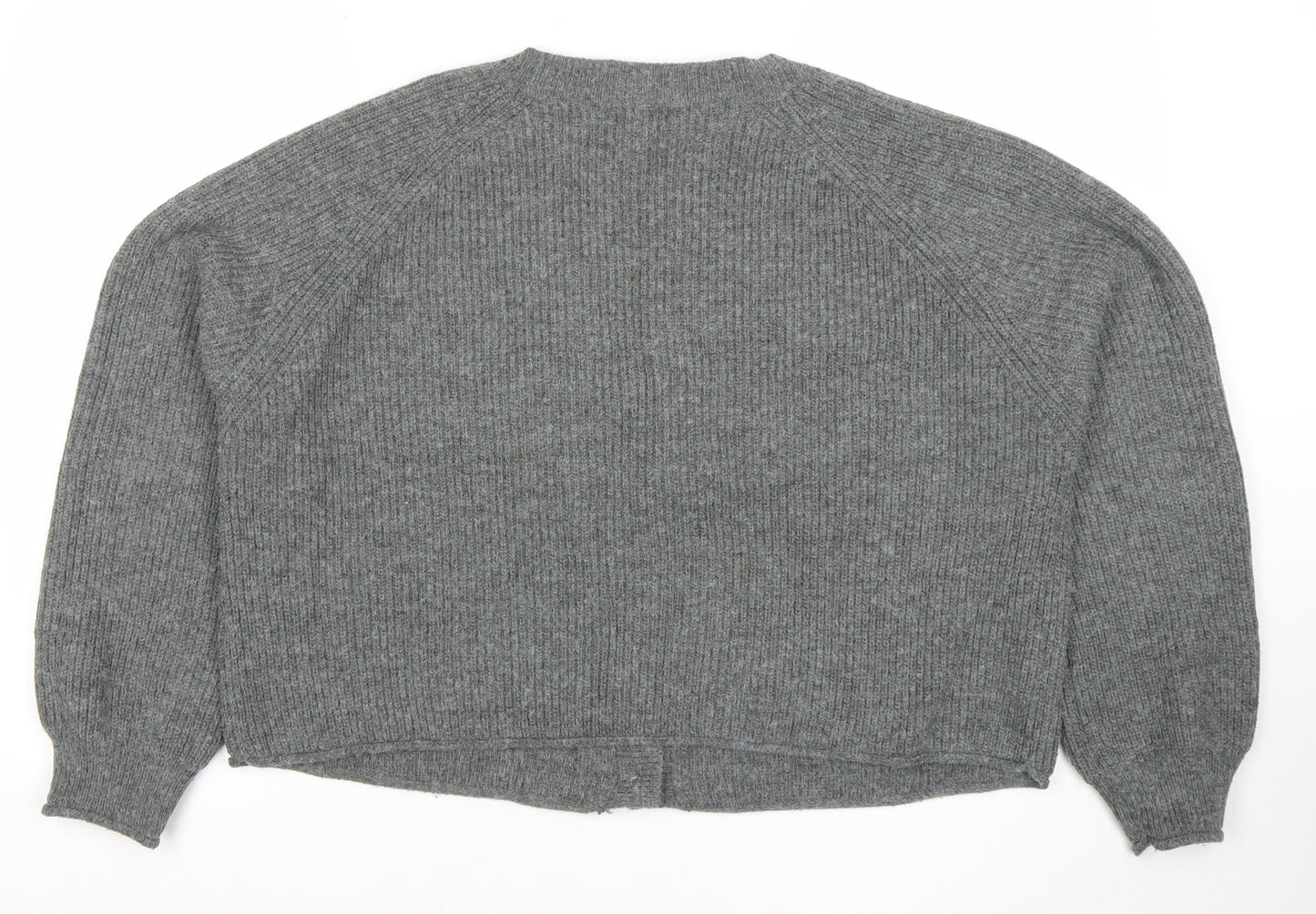 Boohoo Women Grey L V-Neck Rib Knit Button Cardigan Jumper