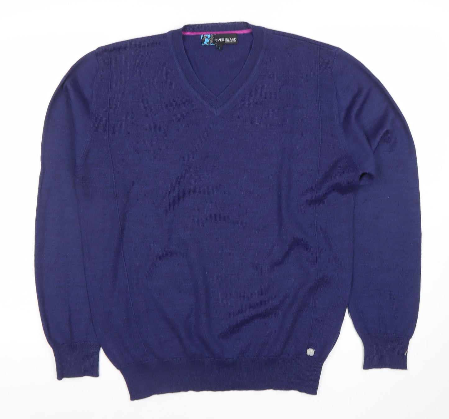 River Island Women's Blue Merino Wool Blend V-Neck Jumper Size L