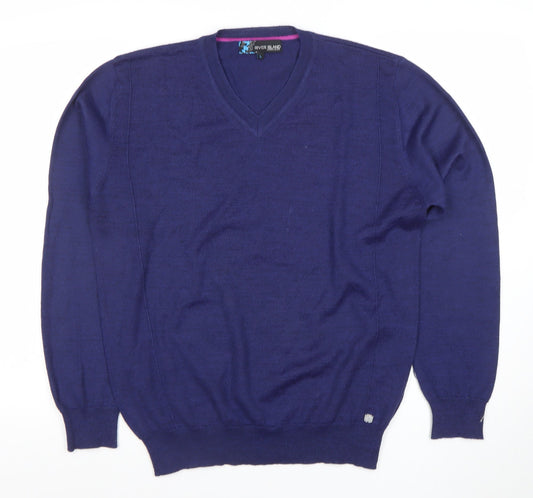 River Island Women's Blue Merino Wool Blend V-Neck Jumper Size L