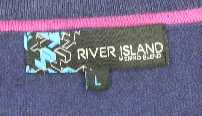 River Island Women's Blue Merino Wool Blend V-Neck Jumper Size L