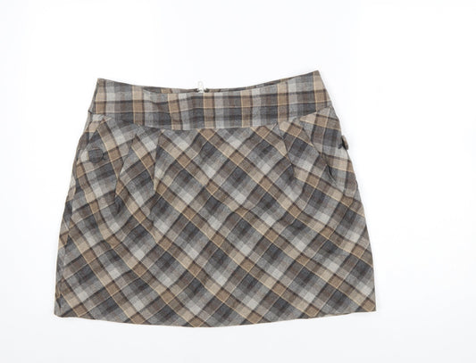 H&M Women Brown Check Wool Blend A-Line Skirt Size 16