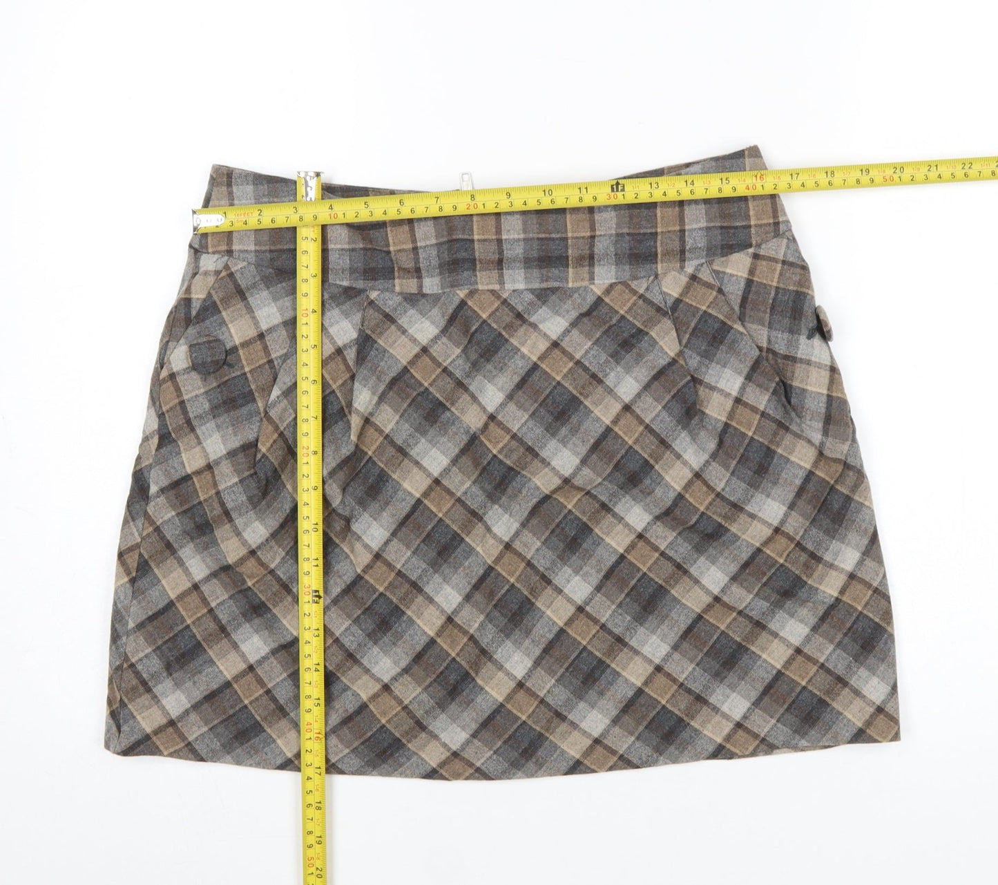 H&M Women Brown Check Wool Blend A-Line Skirt Size 16