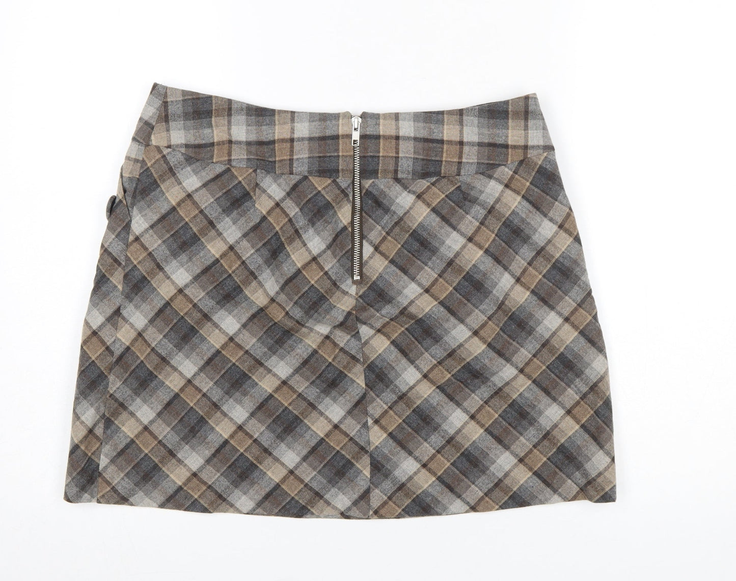 H&M Women Brown Check Wool Blend A-Line Skirt Size 16