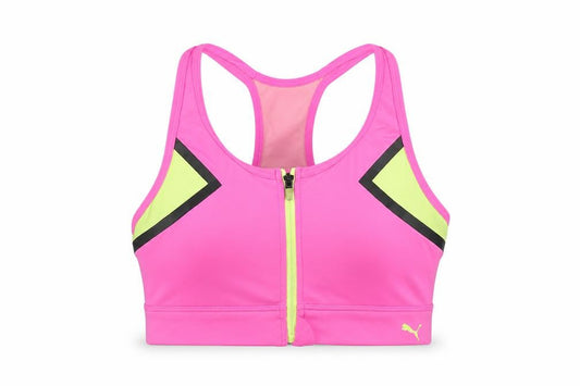 Front view of Puma Women’s Pink Racerback Zip Front Sports Bra Top, size S
