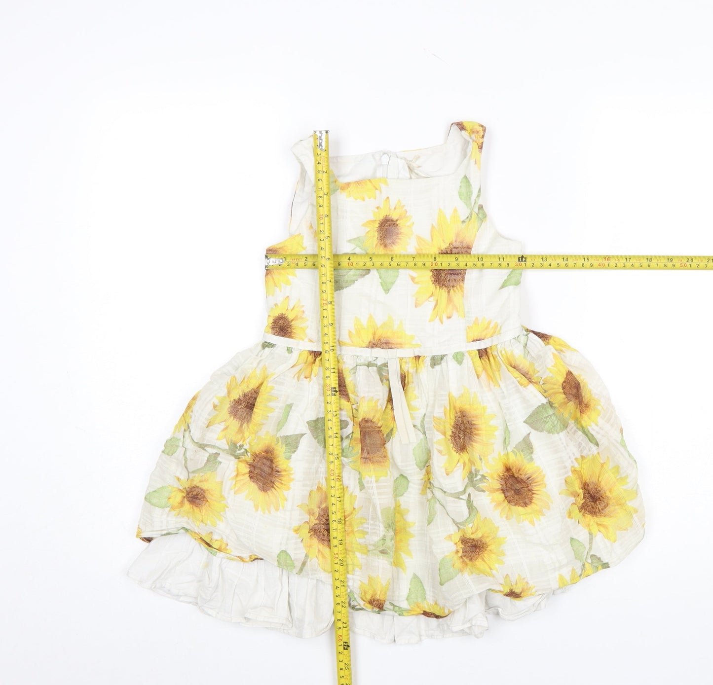 Next Girls White Sunflower A-Line Cotton Blend Dress 7 Years