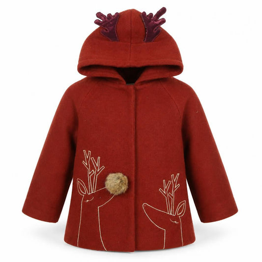 Front view of TONG MO girls’ red wool blend hooded reindeer christmas coat age 3 years
