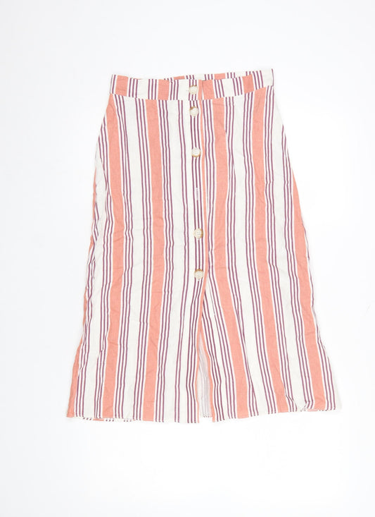 Primark Women’s Orange Striped Button Midi A-Line Skirt Size 10