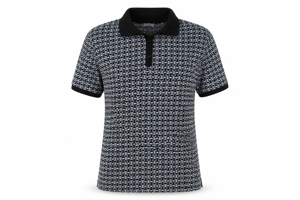 Gallery Womens Black Geometric Polo Shirt Size M Short Sleeve Cotton Blend