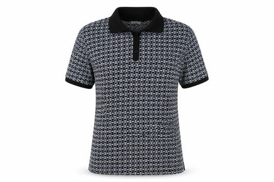 Front view of Gallery women’s black geometric polo shirt, size M, short sleeve cotton blend