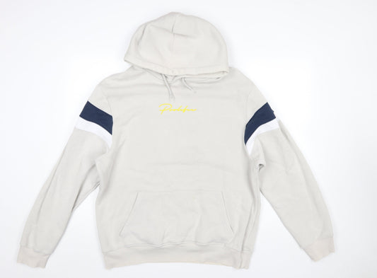 River Island Men’s Beige Hoodie L Pullover Fleece Logo Hooded Sweatshirt