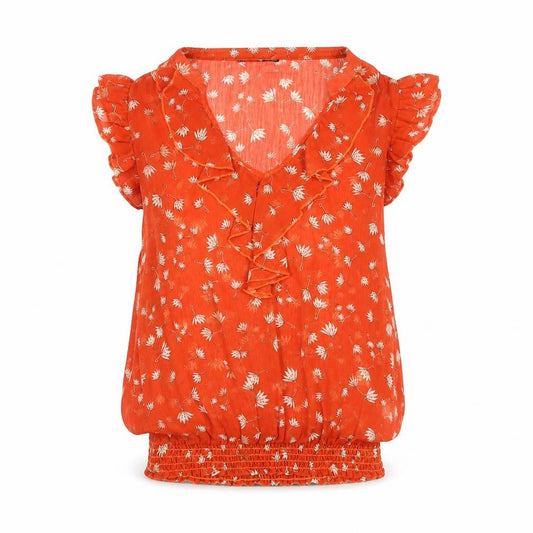 Front view of Atmosphere Women’s Orange Floral Ruffle V-Neck Sleeveless Tunic Blouse, size UK 10