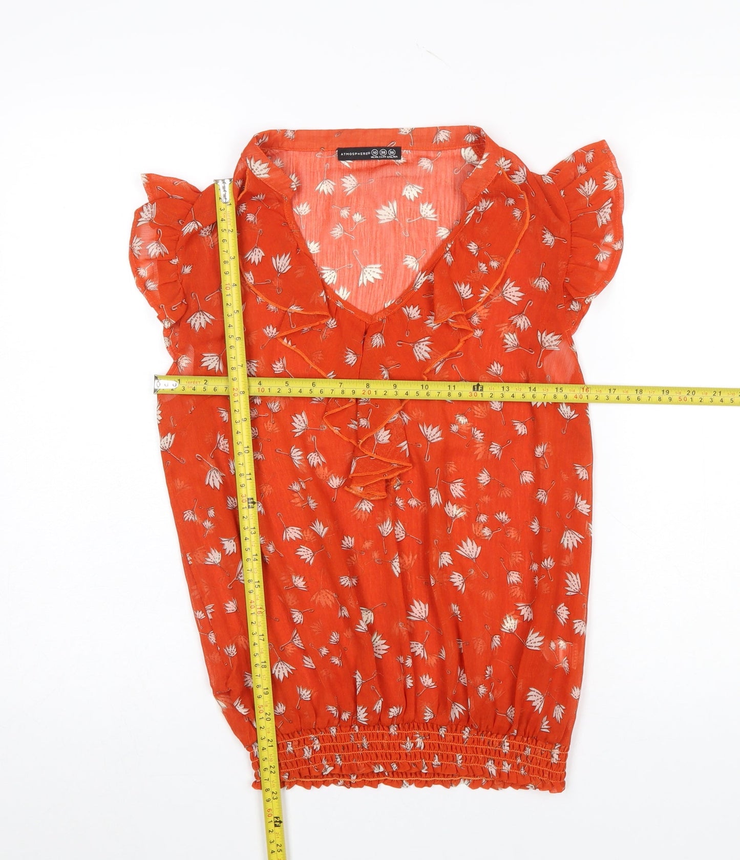 Atmosphere Women’s Orange Floral Ruffle V-Neck Sleeveless Tunic Blouse Size 10
