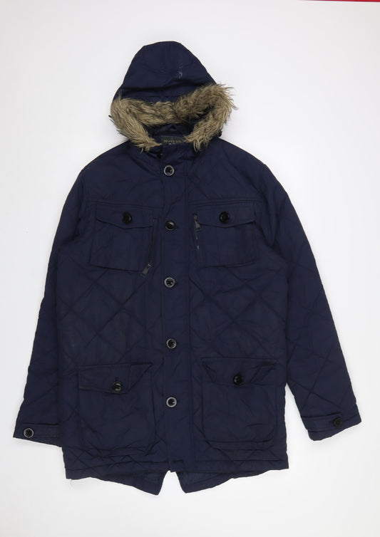 Brave Soul Men's Blue Quilted Hooded Parka Coat Size M