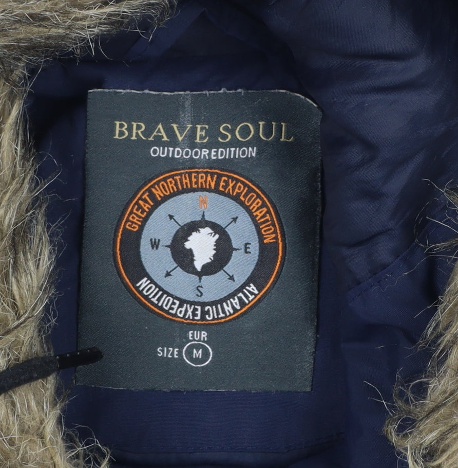 Brave Soul Men's Blue Quilted Hooded Parka Coat Size M