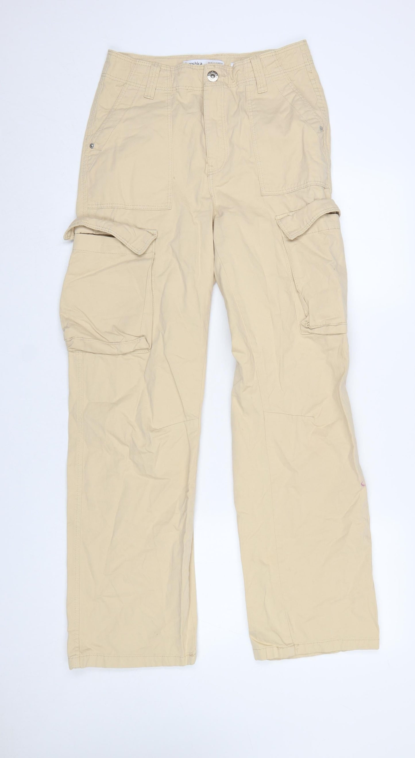 Bershka Womens Beige Cargo Trousers Size 8 Cotton Mid Rise